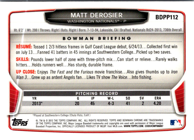 2013 Bowman Chrome Matt Derosier