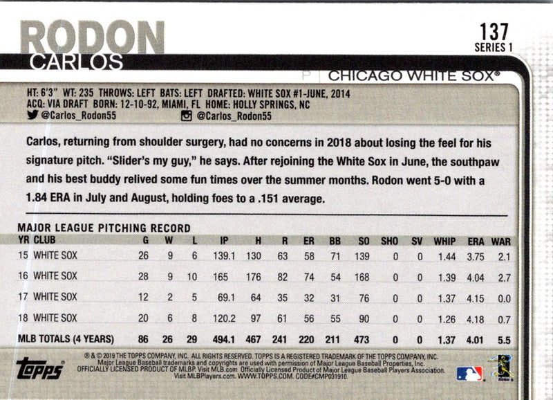 2019 Topps Chicago White Sox Carlos Rodon