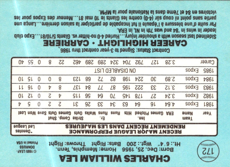 1986 Leaf Charlie Lea