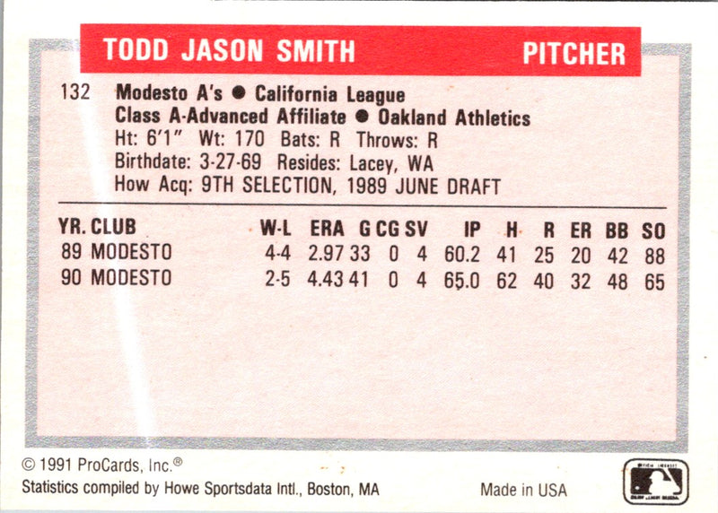 1991 ProCards Tomorrow's Heroes Todd Smith