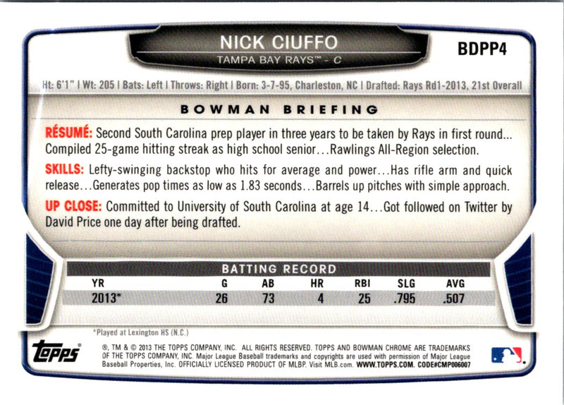 2013 Bowman Draft Picks & Prospects Chrome Nick Ciuffo