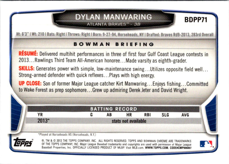 2013 Bowman Draft Picks & Prospects Chrome Dylan Manwaring