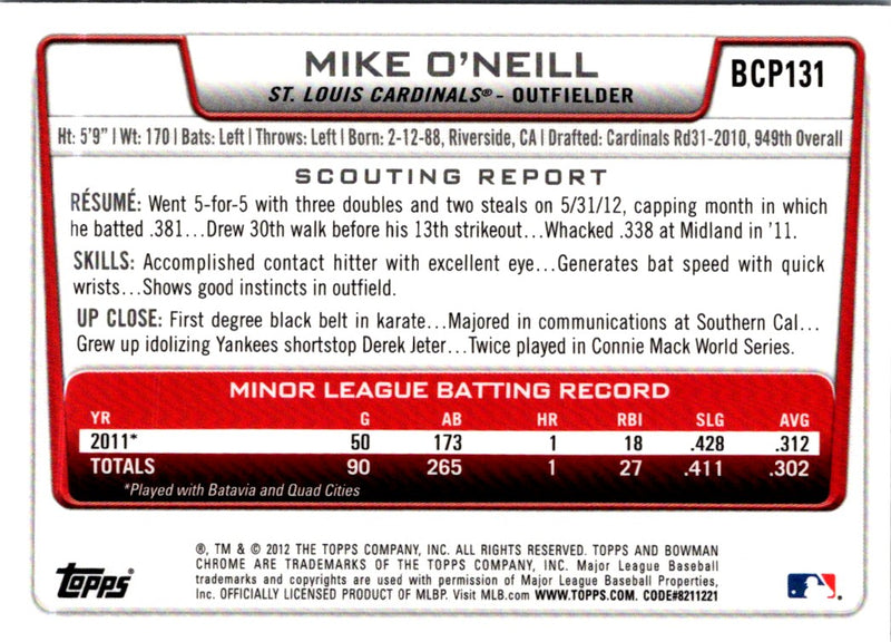 2012 Bowman Chrome Prospects Mike O'Neill