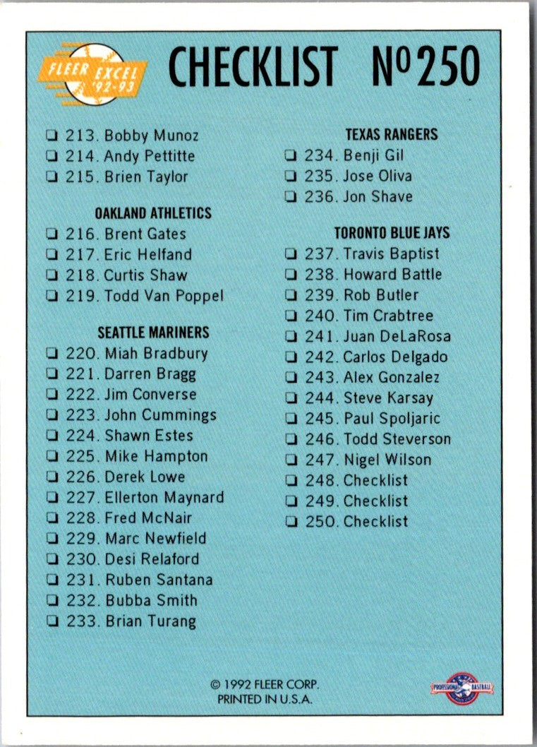 1992 Fleer Excel Checklist (165-250)