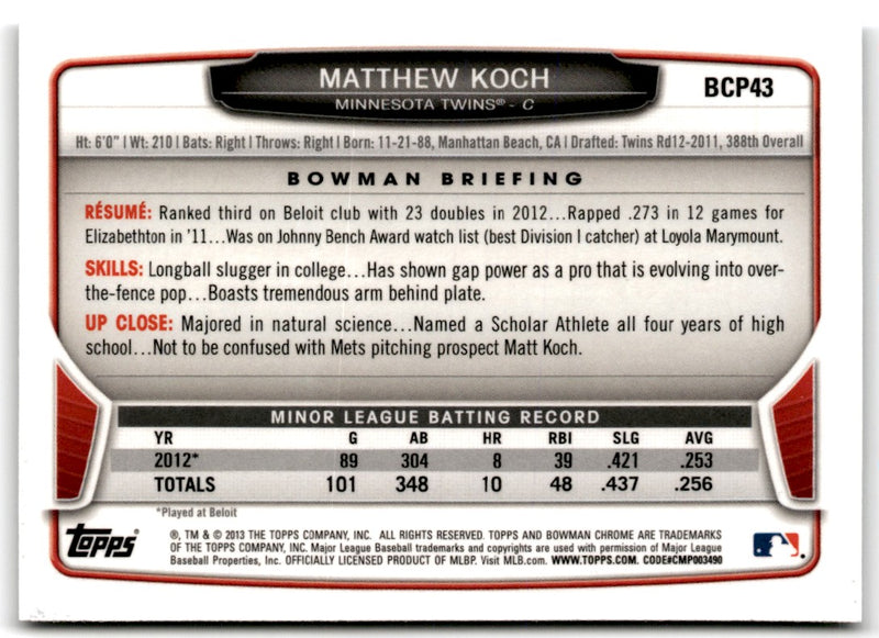 2013 Bowman Chrome Prospects Matthew Koch