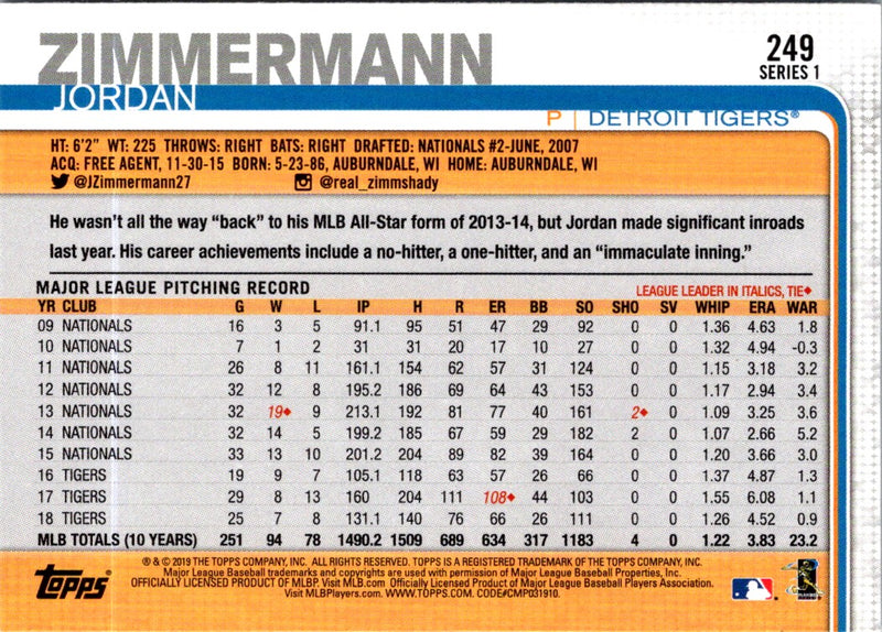 2019 Topps Jordan Zimmermann