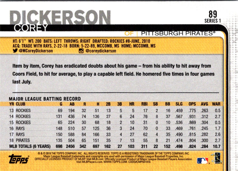 2019 Topps Corey Dickerson