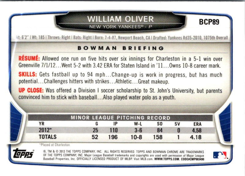 2013 Bowman Chrome Prospects William Oliver