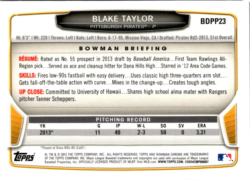 2013 Bowman Draft Picks & Prospects Chrome Blake Taylor