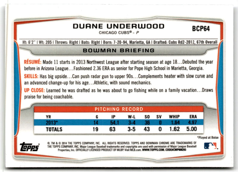 2014 Bowman Chrome Prospects Duane Underwood