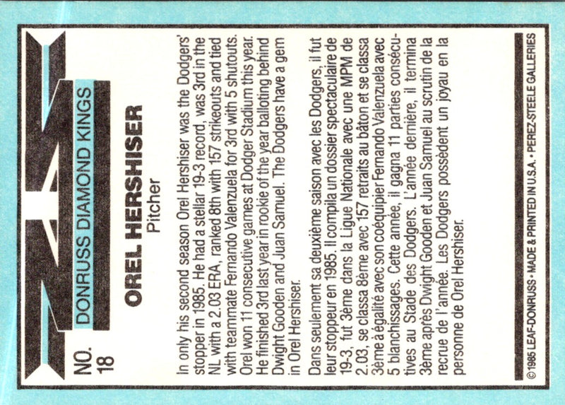 1986 Donruss Diamond Kings Orel Hershiser