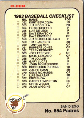 1983 Fleer Checklist: Padres/Yankees #654