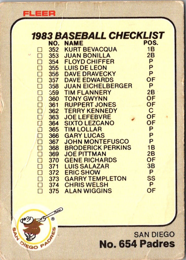 1983 Fleer Checklist: Padres/Yankees #654