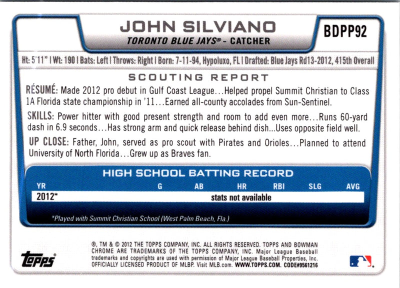 2012 Bowman Draft Picks & Prospects Chrome John Silviano