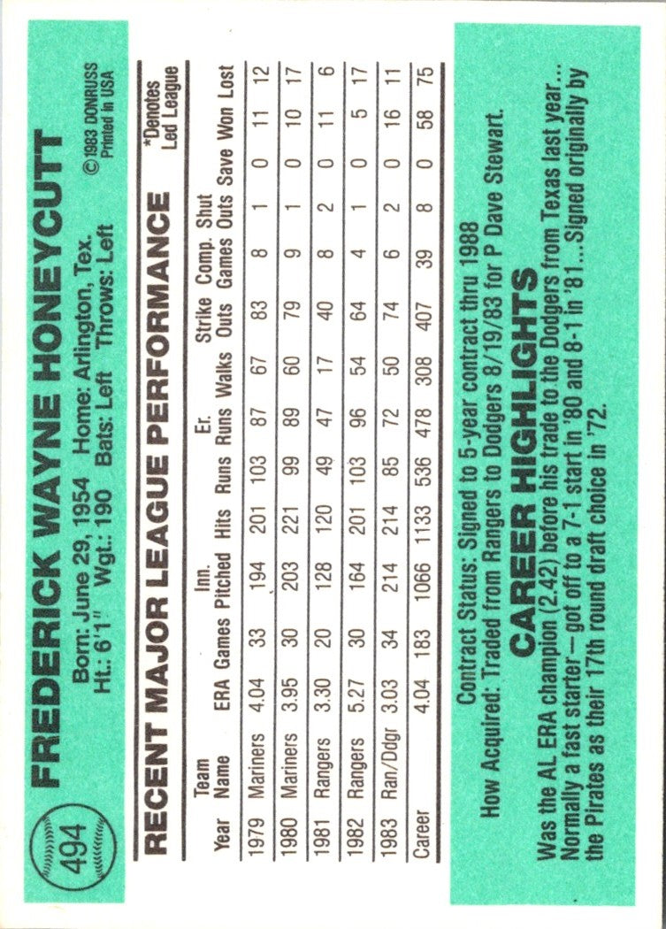 1982 Donruss Rick Honeycutt