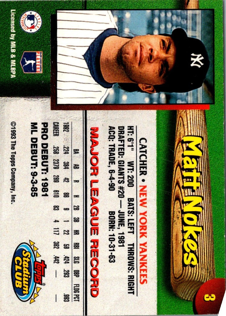 1993 Stadium Club New York Yankees Matt Nokes