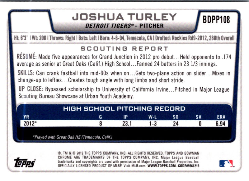 2012 Bowman Chrome Joshua Turley