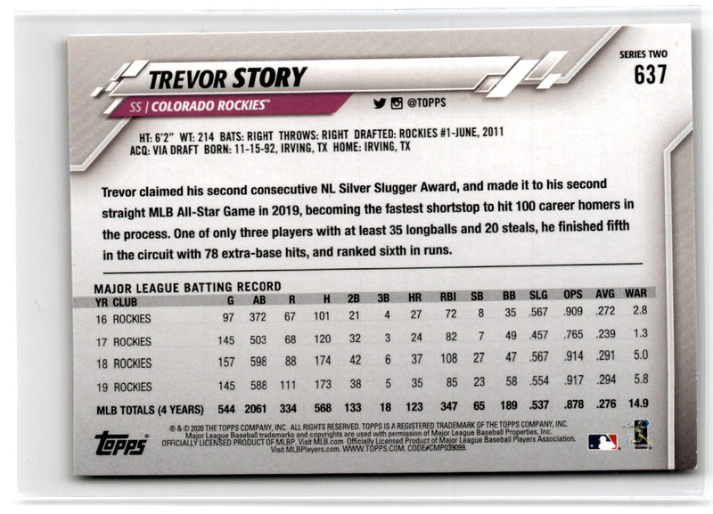 2020 Topps 582 Montgomery Trevor Story