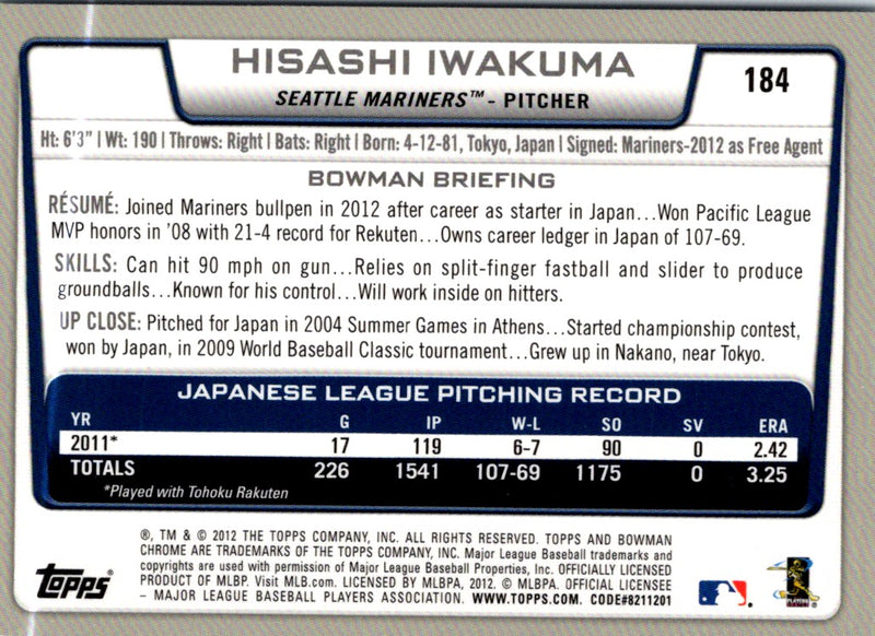 2012 Bowman Chrome Hisashi Iwakuma