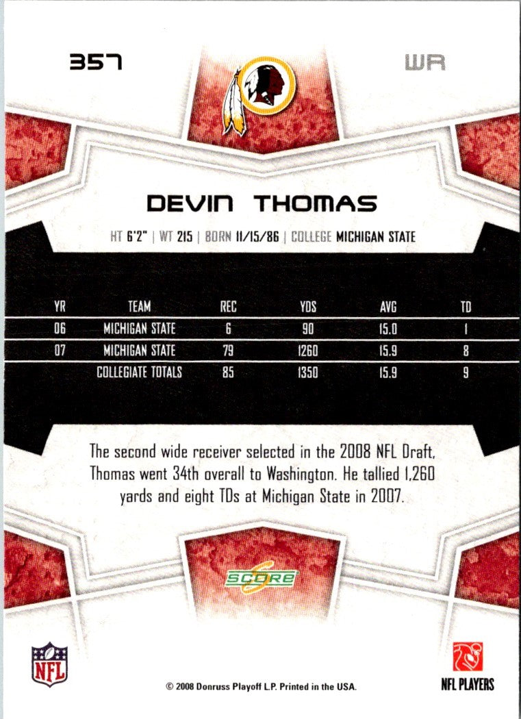 2008 Score Super Bowl XLIII Devin Thomas