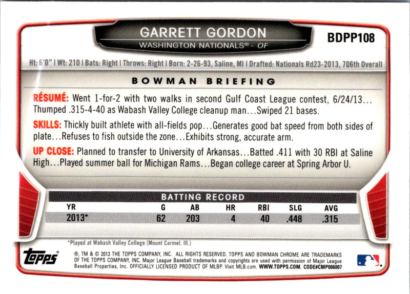 2013 Bowman Chrome Garrett Gordon