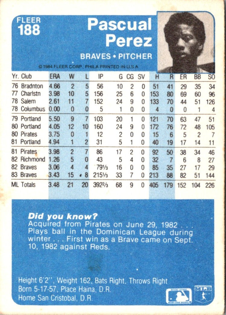 1984 Fleer Pascual Perez