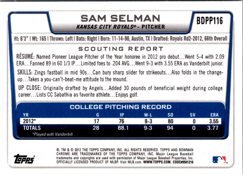 2012 Bowman Draft Picks & Prospects Sam Selman