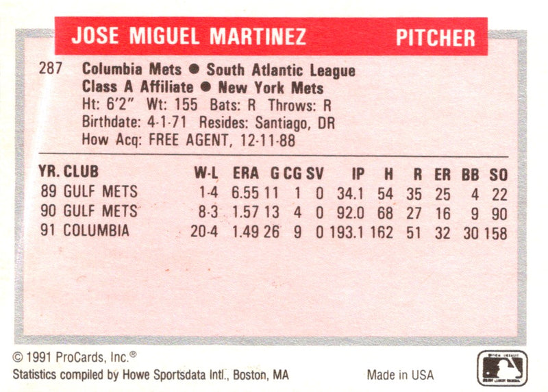 1991 ProCards Tomorrow's Heroes Jose Martinez