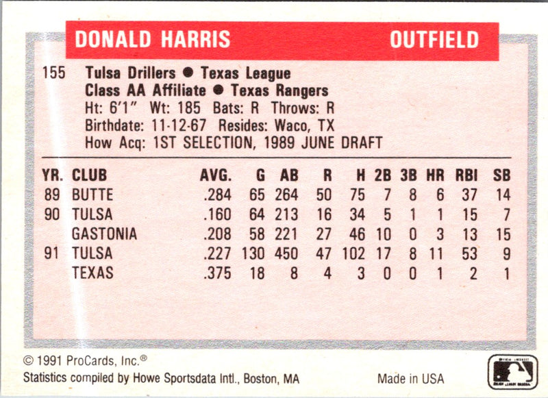 1991 ProCards Tomorrow's Heroes Donald Harris
