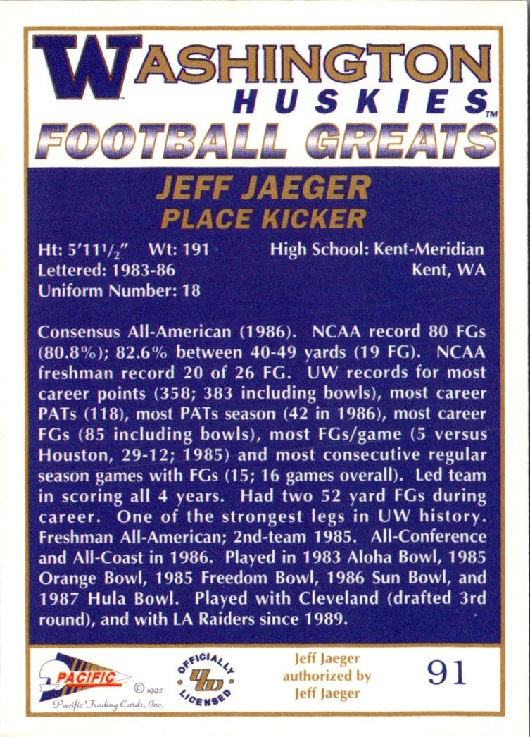 1992 Pacific Greats Washington Huskies Jeff Jaeger