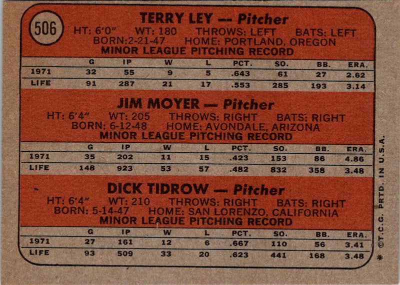 1972 Topps Indians Rookies - Terry Ley/Jim Moyer/Dick Tidrow