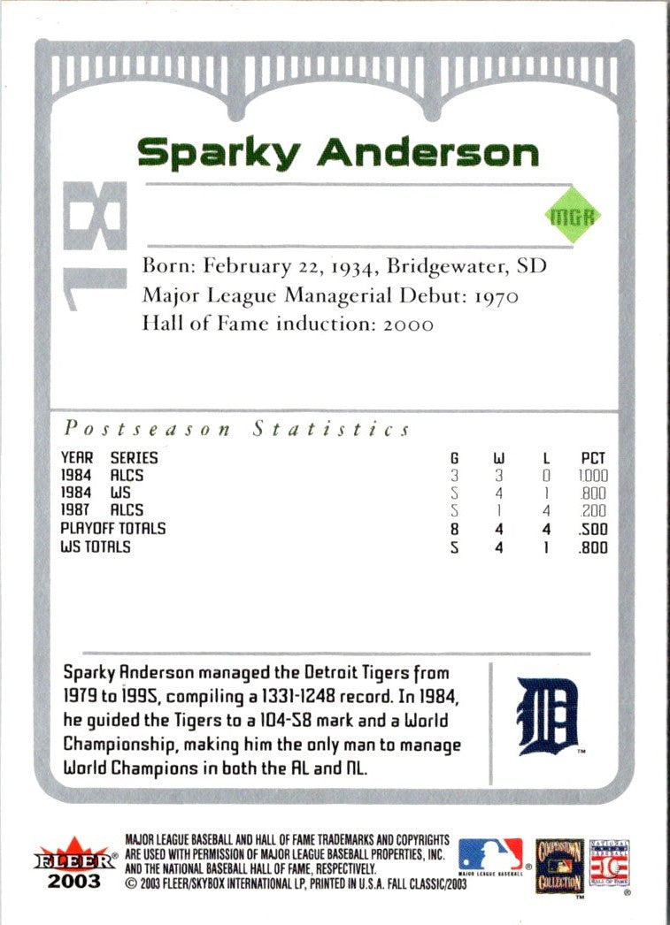 2003 Fleer Fall Classics Sparky Anderson