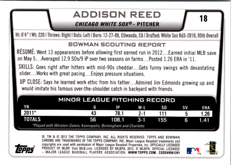 2012 Bowman Draft Picks & Prospects Chrome Addison Reed