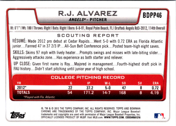 2012 Bowman Draft Picks & Prospects Chrome R.J. Alvarez #BDPP46