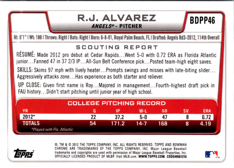 2012 Bowman Draft Picks & Prospects Chrome R.J. Alvarez #BDPP46