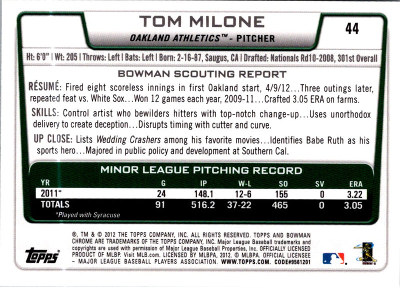 2012 Bowman Draft Picks & Prospects Tom Milone