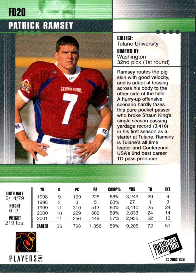 2002 Press Pass JE First Down Patrick Ramsey