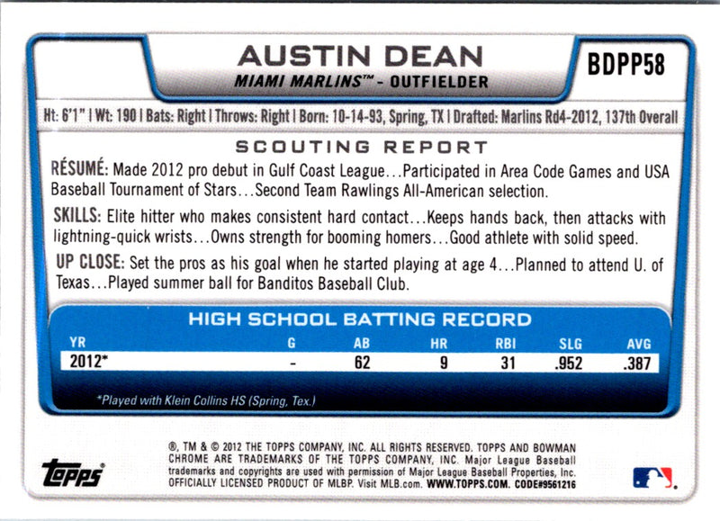 2012 Bowman Draft Picks & Prospects Chrome Austin Dean