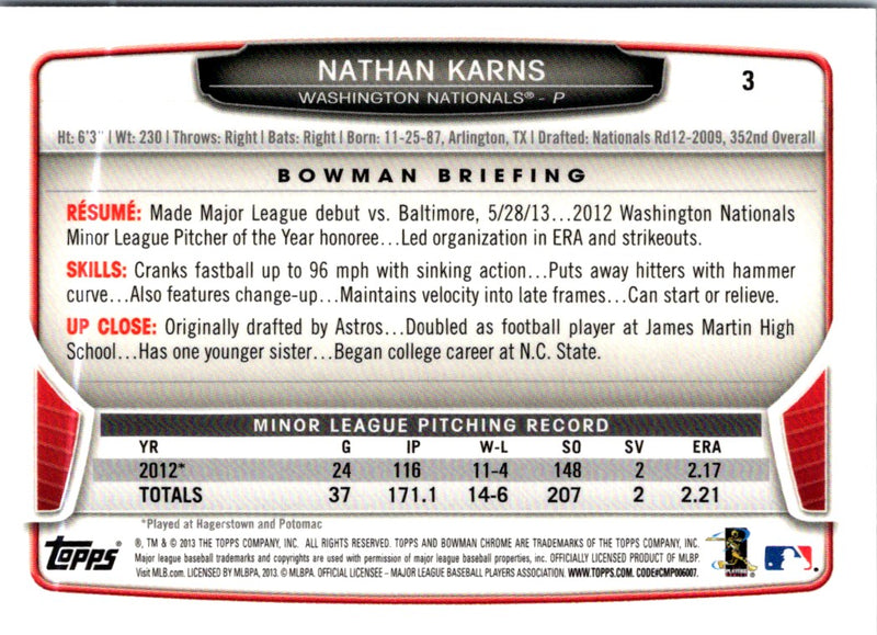 2013 Bowman Draft Picks & Prospects Chrome Nathan Karns