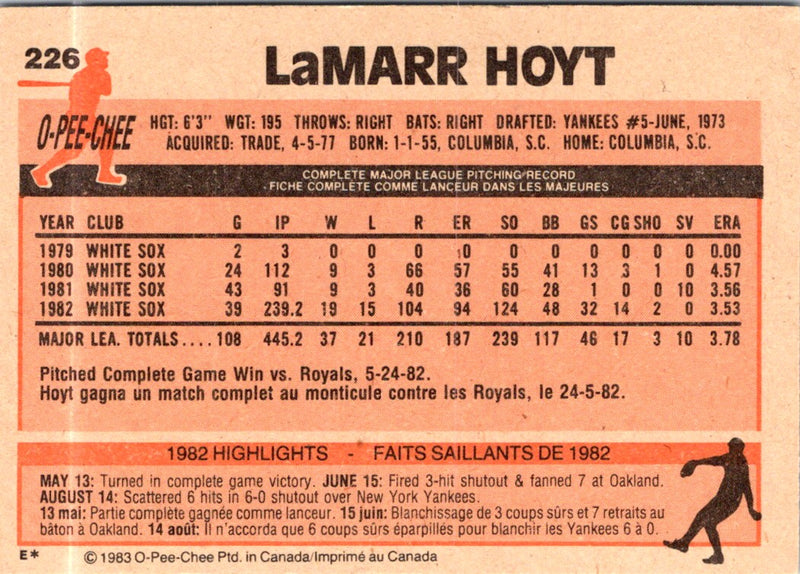 1983 O-Pee-Chee LaMarr Hoyt