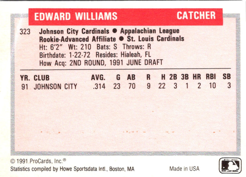 1991 ProCards Tomorrow's Heroes Eddie Williams