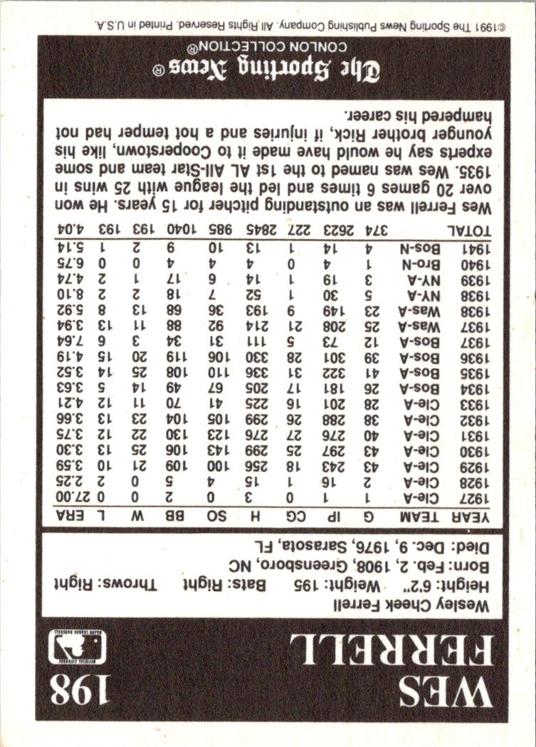 1991 Conlon Collection TSN Wes Ferrell