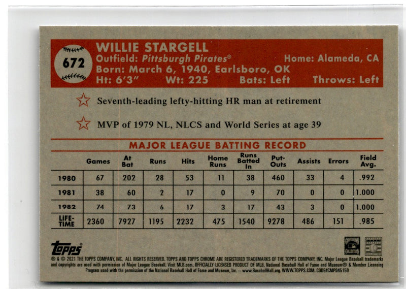 2021 Topps Chrome Platinum Anniversary Willie Stargell