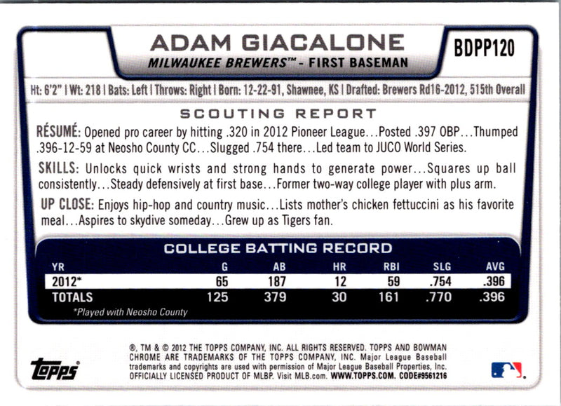 2012 Bowman Draft Picks & Prospects Chrome Adam Giacalone