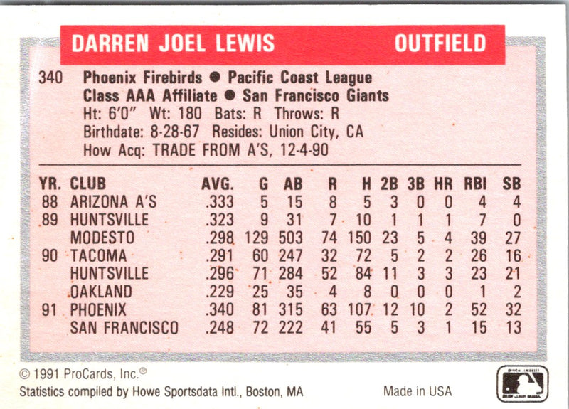 1991 ProCards Tomorrow's Heroes Darren Lewis