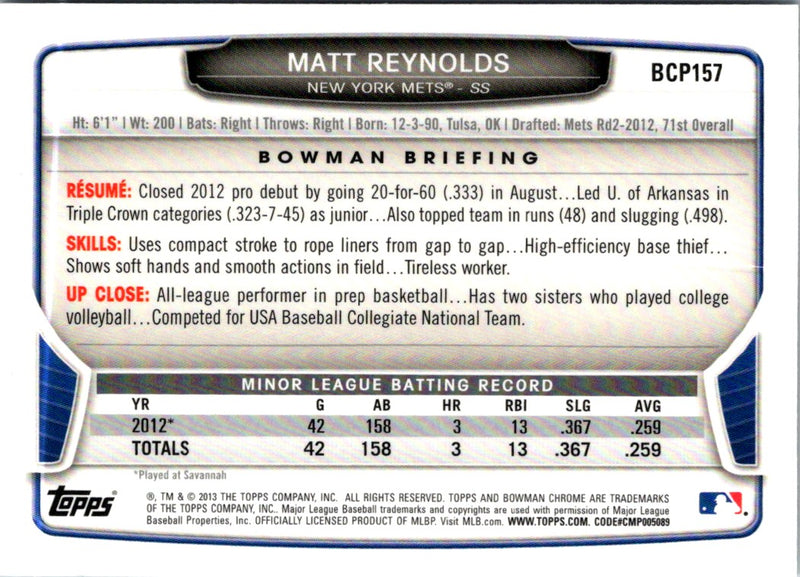 2013 Bowman Chrome Prospects Matt Reynolds