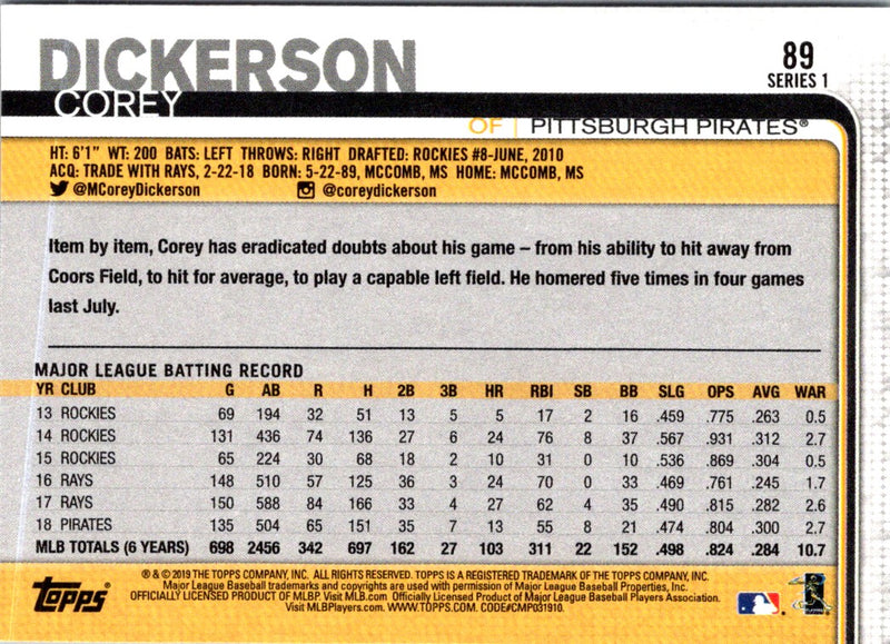 2019 Topps Corey Dickerson