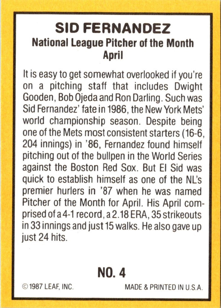 1987 Donruss Highlights Sid Fernandez