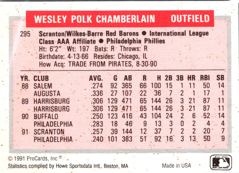 1991 ProCards Tomorrow's Heroes Wes Chamberlain