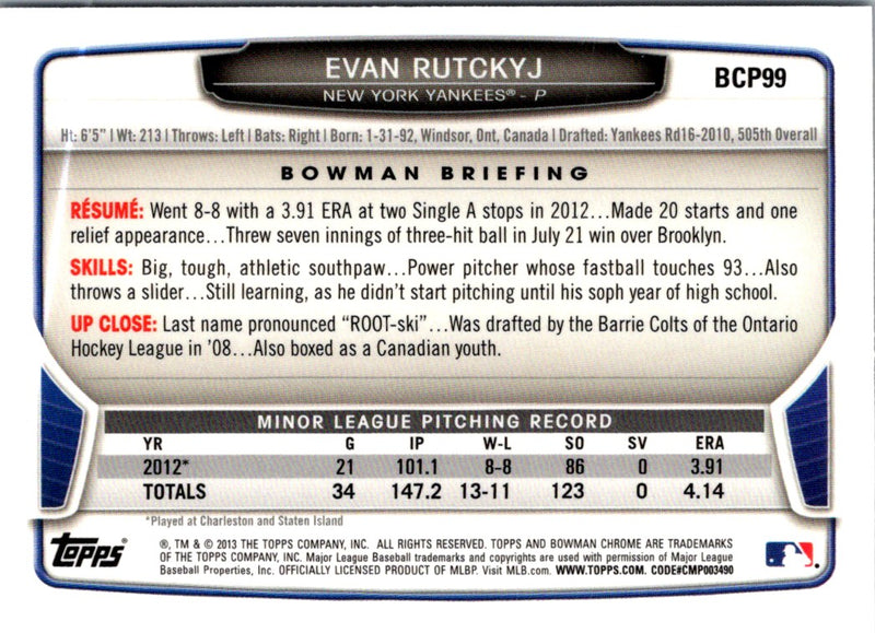 2013 Bowman Chrome Prospects Evan Rutckyj